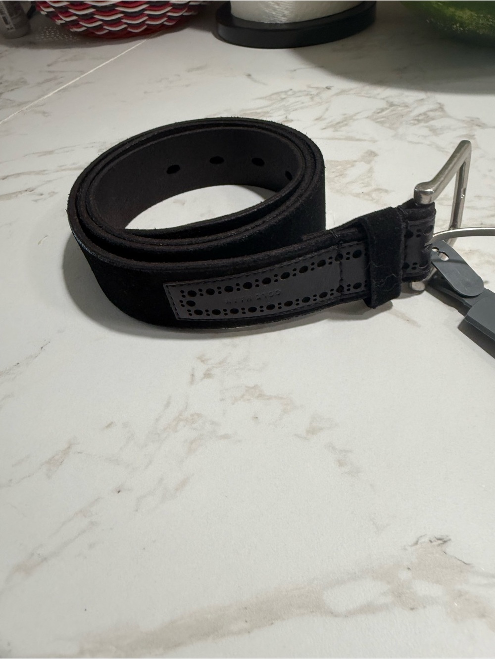 Cole Haan Black Suede Leather Belt with Perforated Panel